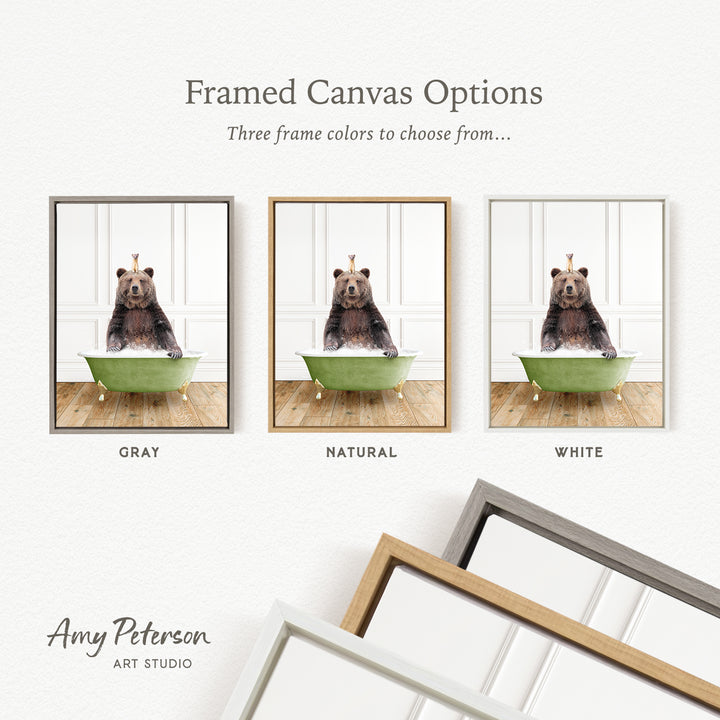 three framed canvas options featuring a bear sitting in a bathtub, each with a different frame color: gray, natural, and white.