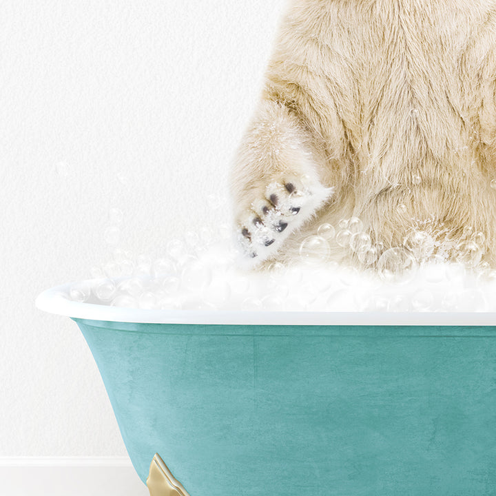 a polar bear sitting in a bathtub full of bubbles