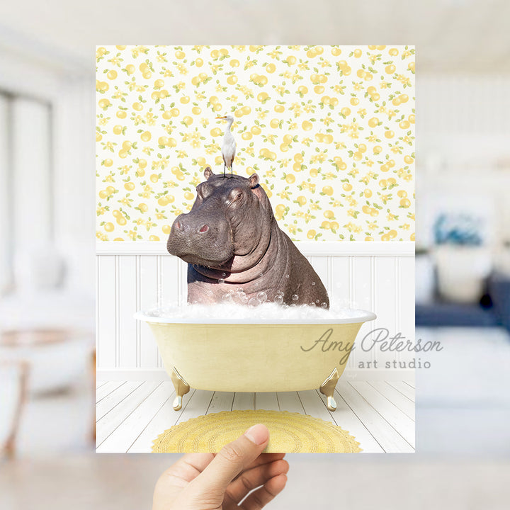 a hippo in a bathtub with a crown on its head