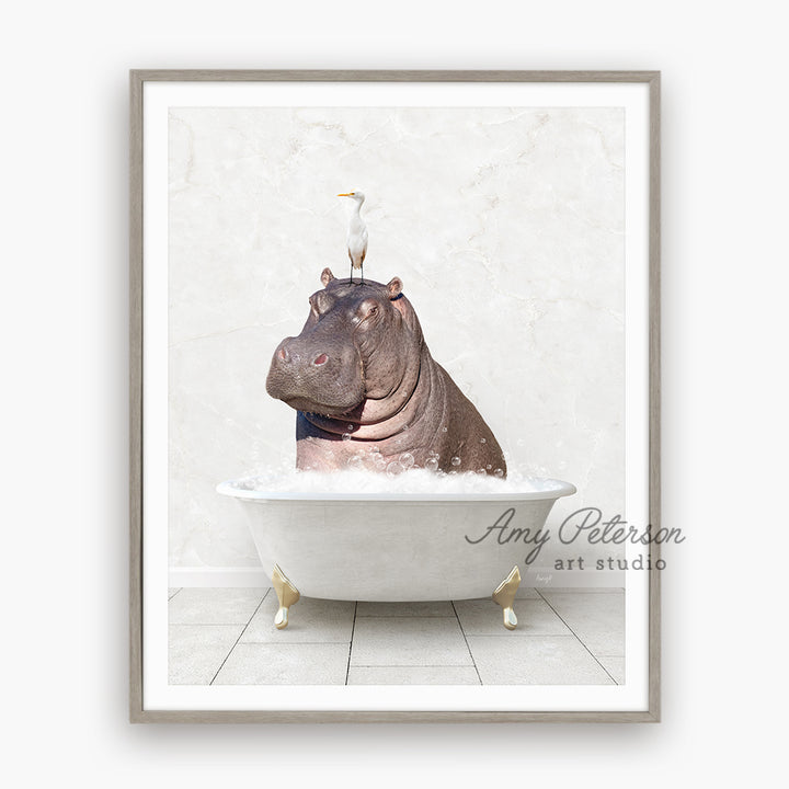 a hippo in a bathtub with a bird on top of it