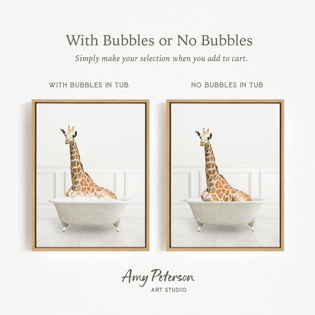 The image is a framed print featuring a giraffe sitting in a bathtub, with the text "With Bubbles or No Bubbles" above the images.
