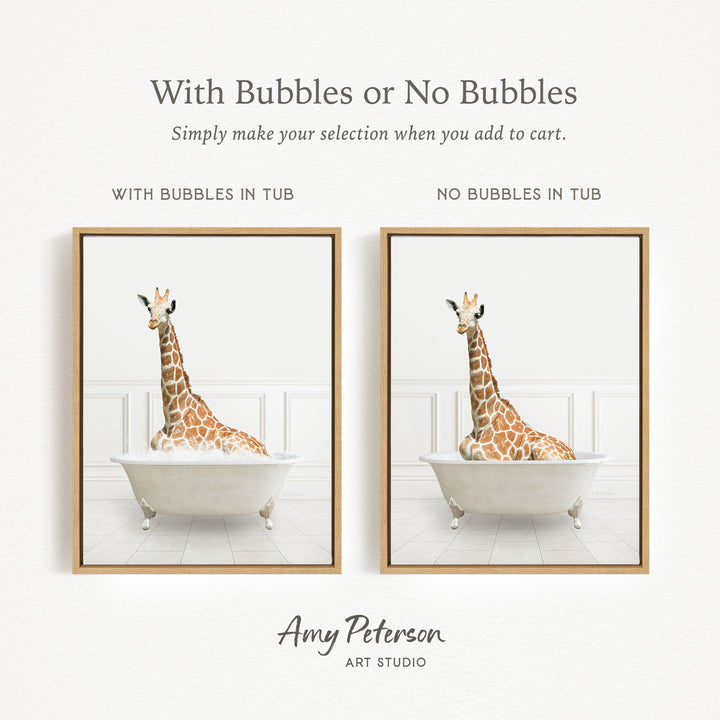 The image is a framed print featuring a giraffe sitting in a bathtub, with the text "With Bubbles or No Bubbles" above the images.
