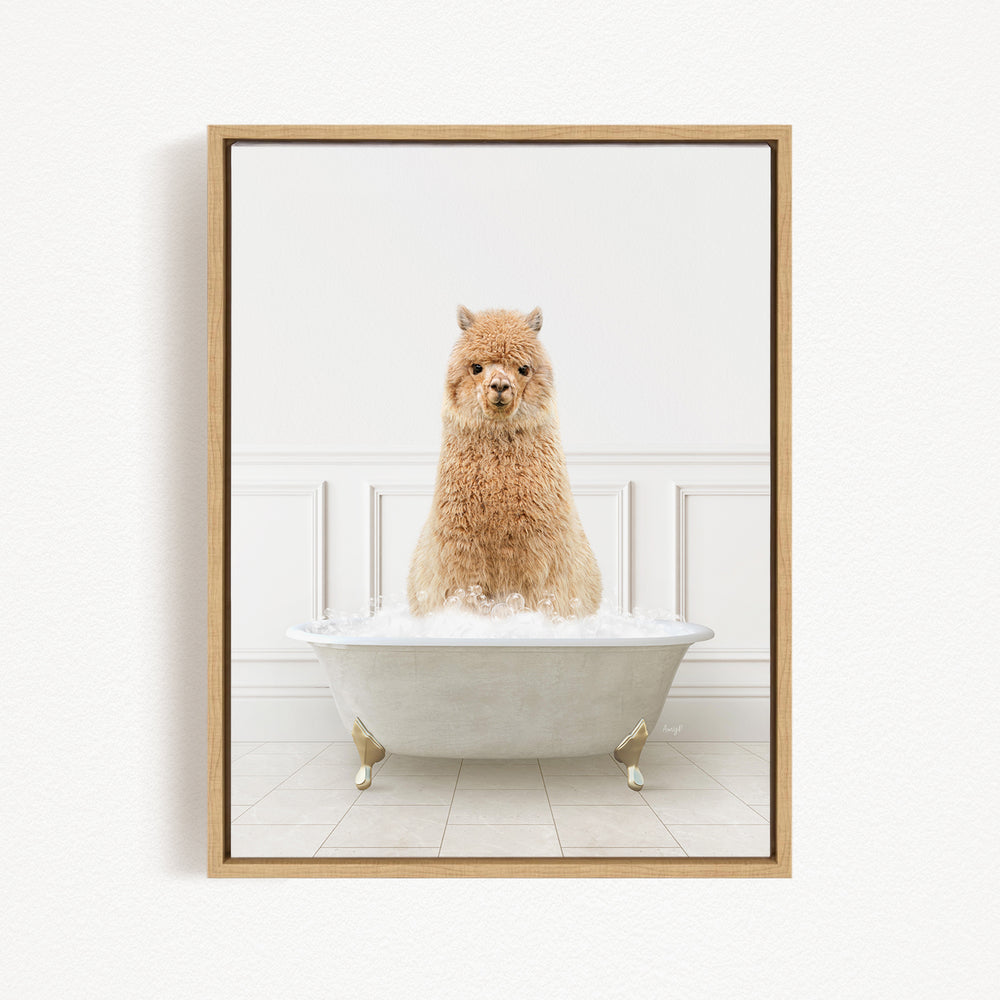 A fluffy brown dog sitting in a white bathtub filled with bubbles, looking directly at the camera.