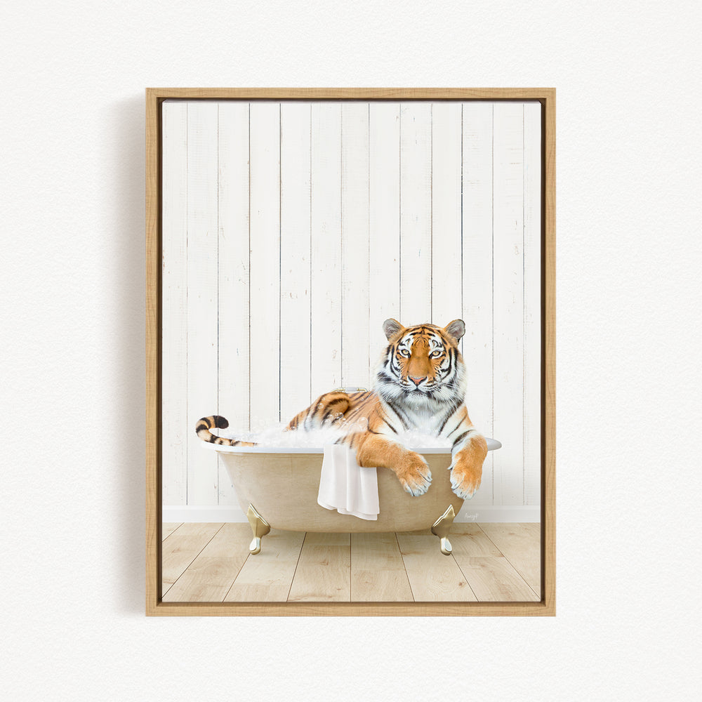 A tiger is sitting in a bathtub filled with water, appearing relaxed and comfortable.