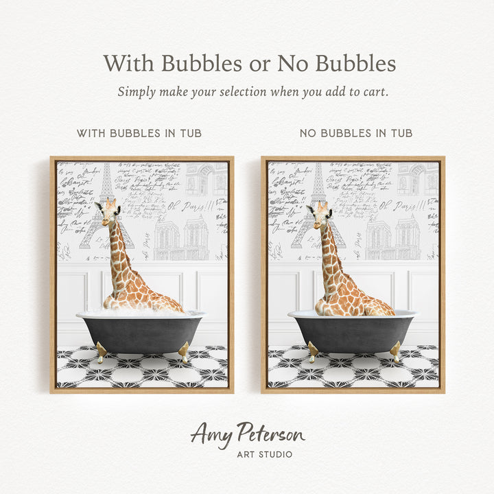 The image is a collage of two framed pictures, each depicting a giraffe in a bathtub. The text above the images reads "With Bubbles or No Bubbles Simply make your selection when you add to cart." The text below the images states "WITH BUBBLES IN TUB" and "NO BUBBLES IN TUB," indicating the presence or absence of bubbles in the bathtub.