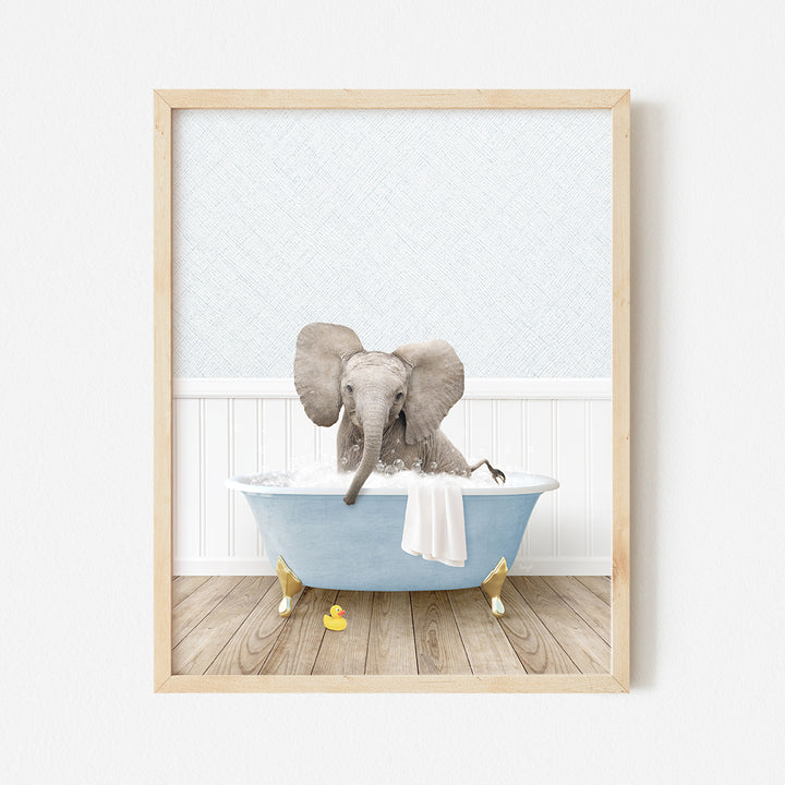 an elephant is taking a bath in a blue bathtub