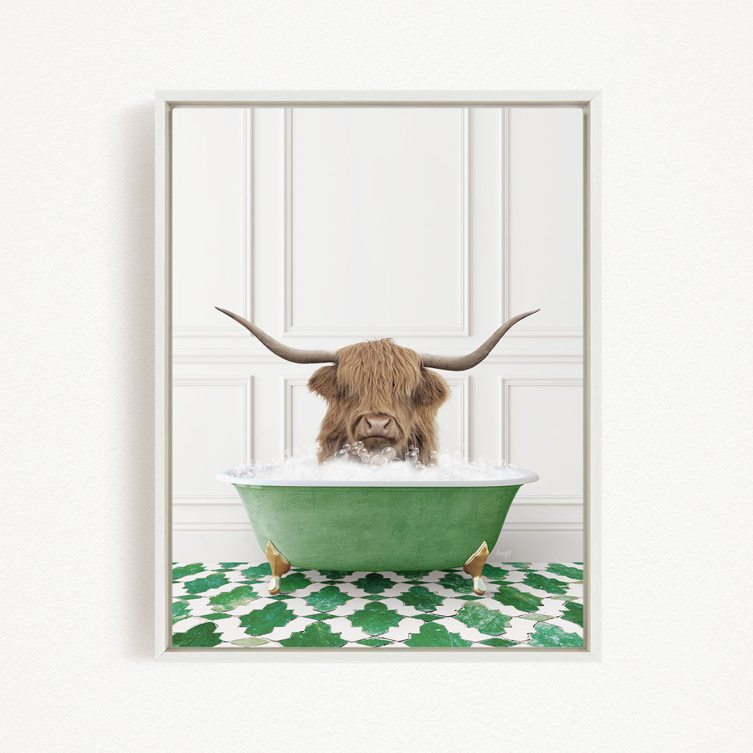 A brown cow with long horns is sitting in a green bathtub filled with water, creating a whimsical and playful scene.