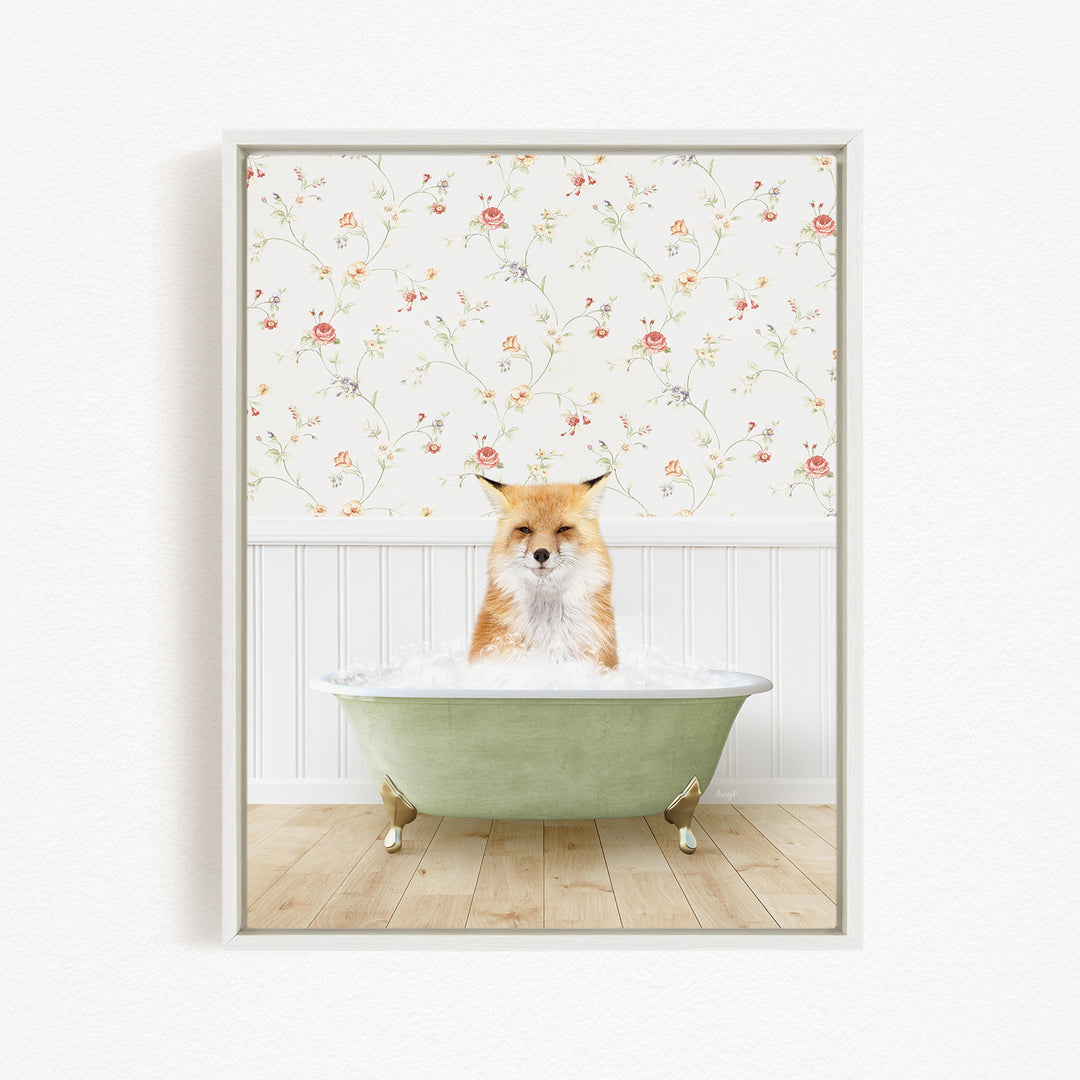 A fox is sitting in a green bathtub filled with water, with a floral wallpaper in the background.