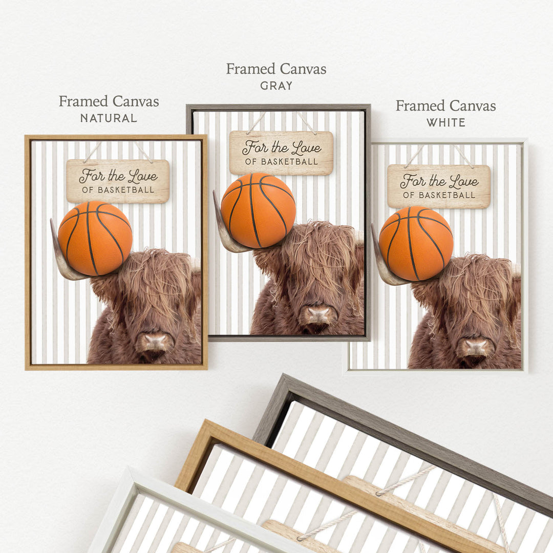 a framed canvas with a close-up of a brown cow holding a basketball. The canvas has three different color options: natural, gray, and white.