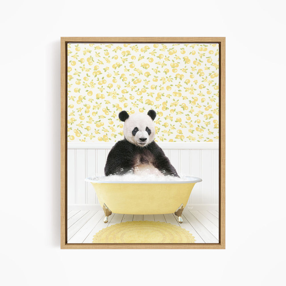 A panda bear sitting in a yellow bathtub filled with bubbles, surrounded by a yellow floral wallpaper.