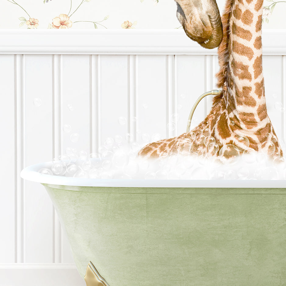 a baby giraffe in a bath tub with bubbles