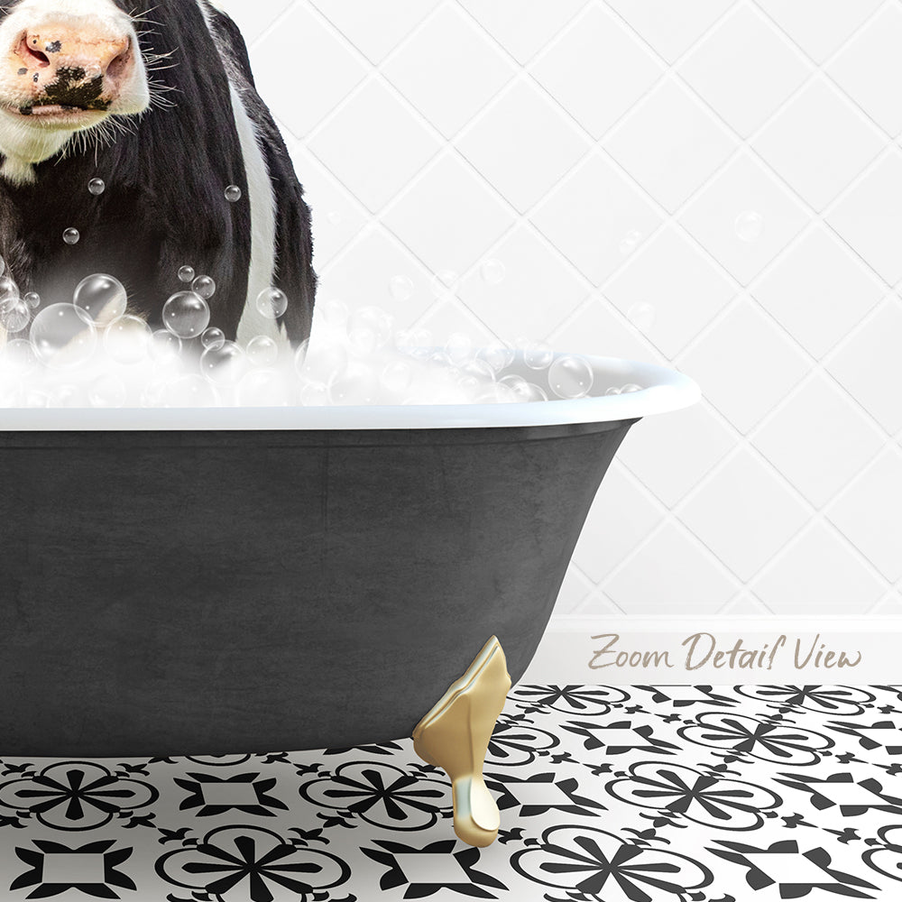 A black and white cow standing in a bathtub filled with bubbles, with a patterned tile floor in the foreground.