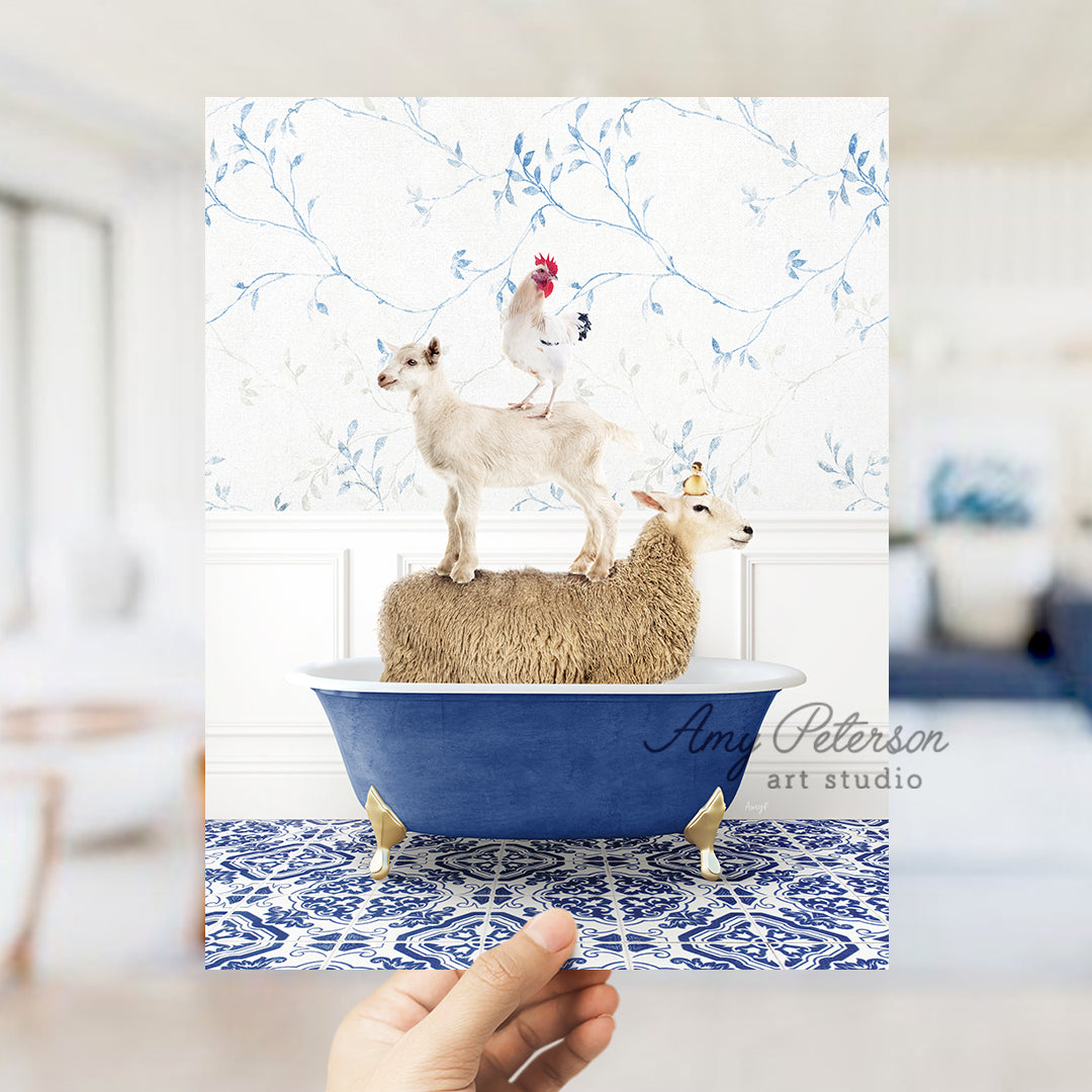 a person holding up a card with a sheep on top of a bathtub