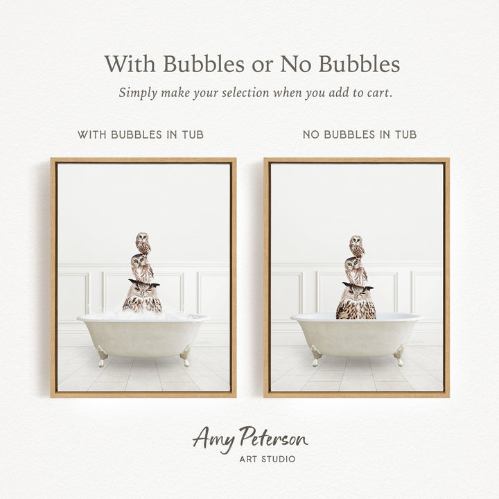 The image is a framed print featuring two different images of a person sitting in a bathtub. The first image shows a person sitting in the tub with bubbles, while the second image shows a person sitting in the tub without bubbles. The text above the images reads "With Bubbles or No Bubbles" and below the images, it says "Simply make your selection when you add to cart."