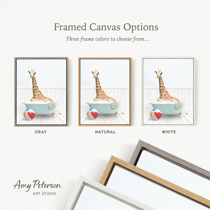 three framed canvas options, each featuring a giraffe in a bathtub with a beach ball and a starfish. The options include a gray frame, a natural frame, and a white frame.