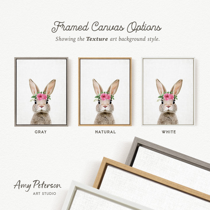 three framed canvas options, each featuring a picture of a rabbit with a floral headpiece. The options include a gray frame, a natural frame, and a white frame. The text above the images reads " Framed Canvas Options" and "Showing the Texture art background style." The artist's name, Amy Peterson, is also mentioned at the bottom of the image.