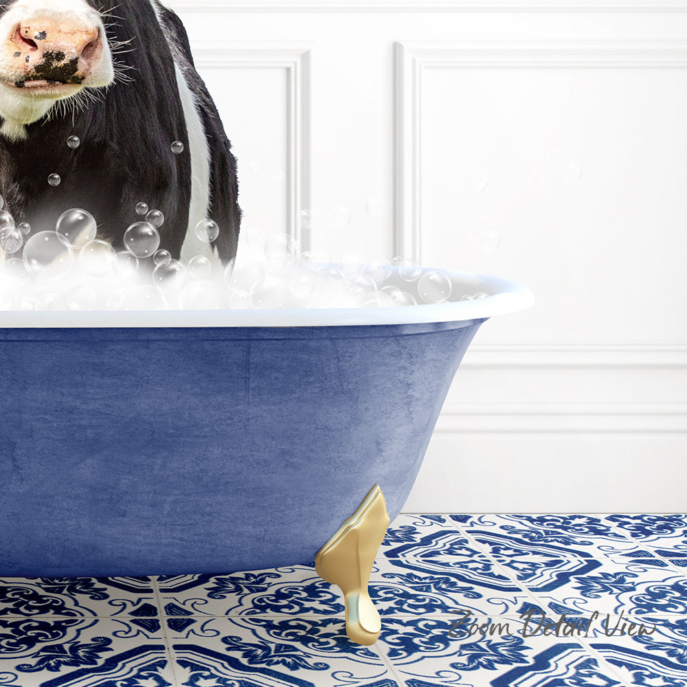 A cow standing in a blue bathtub filled with bubbles, with a patterned tile floor in the foreground.