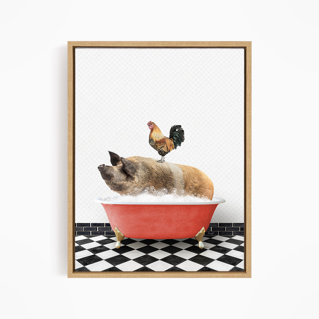 A rooster stands on a pig's back while the pig is sitting in a red bathtub, both on a black and white checkered floor.