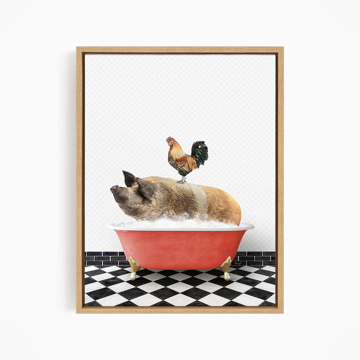 A rooster stands on a pig's back while the pig is sitting in a red bathtub, both on a black and white checkered floor.