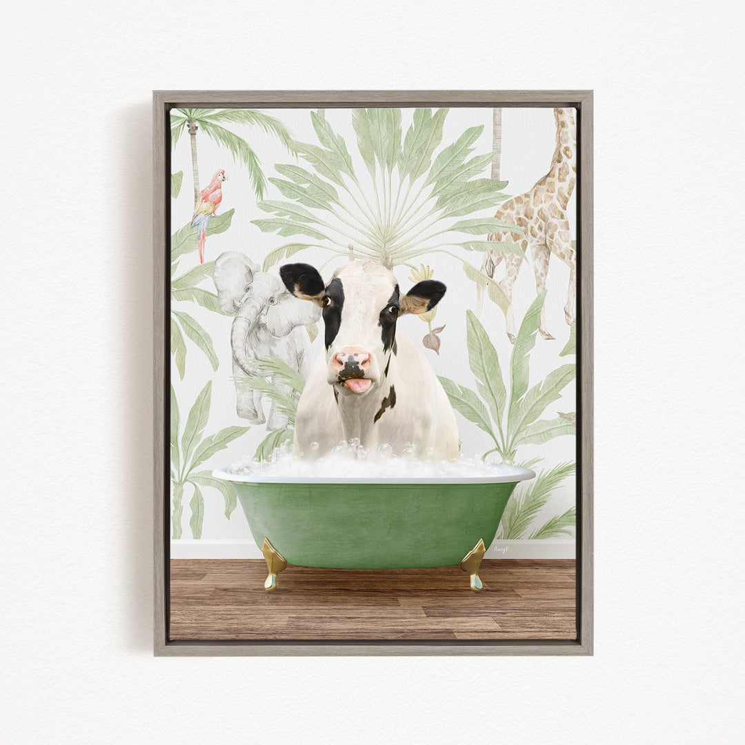 A cow is sitting in a green bathtub, surrounded by tropical foliage and animals, including a giraffe and a parrot.