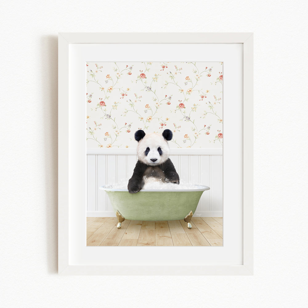A panda bear sitting in a green bathtub, surrounded by a floral wallpaper.