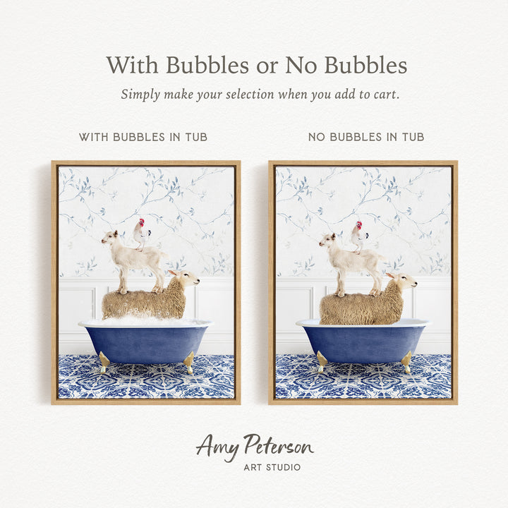 The image is a collage of two framed pictures, each depicting a sheep and a chicken in a bathtub. The text above the images reads "With Bubbles or No Bubbles Simply make your selection when you add to cart." The text below the images states "WITH BUBBLES IN TUB" and "NO BUBBLES IN TUB," indicating the presence or absence of bubbles in the bathtub.