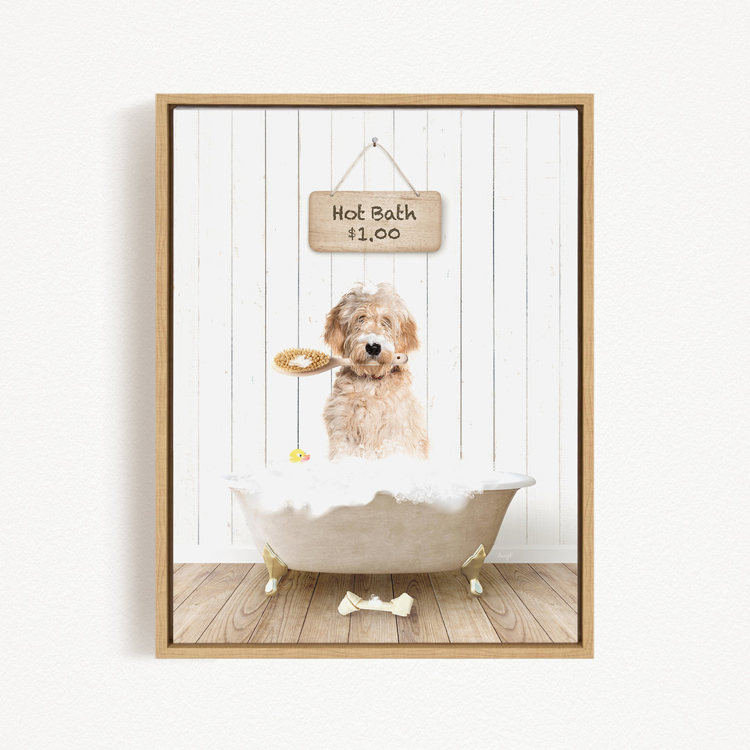 A dog standing in a bathtub filled with bubbles, holding a toy in its mouth, with a sign above the bathtub that reads "Hot Bath $1.00".