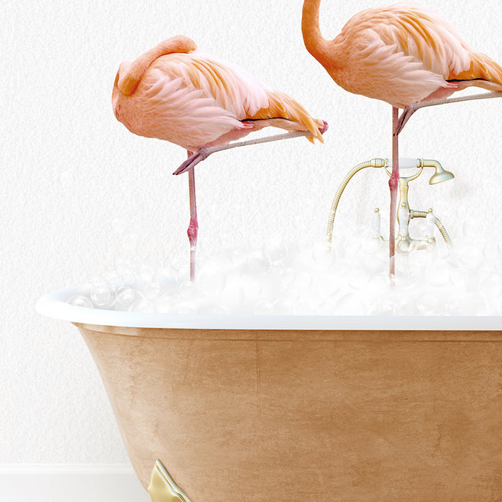 two pink flamingos standing on legs in a bathtub