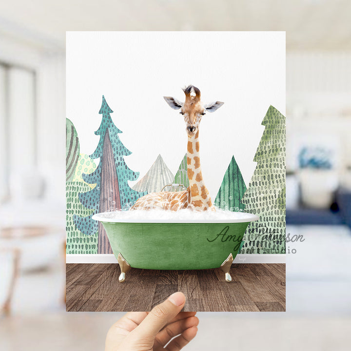 a hand holding up a card with a giraffe in a bathtub