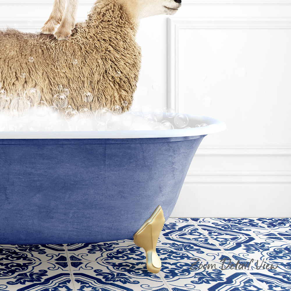 A fluffy brown sheep is standing in a blue bathtub filled with water, with a gold bathtub faucet visible.