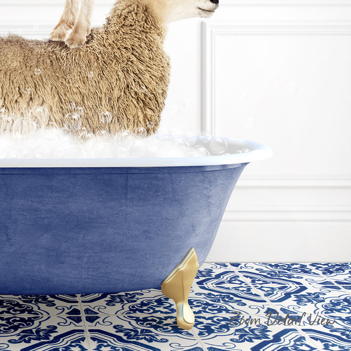 A fluffy brown sheep is standing in a blue bathtub filled with water, with a gold bathtub faucet visible.