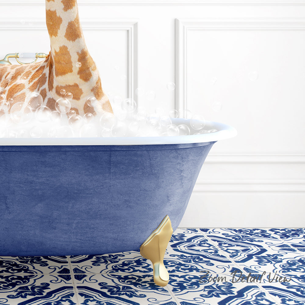 A giraffe standing in a blue bathtub filled with bubbles, with a patterned tile floor in the background.