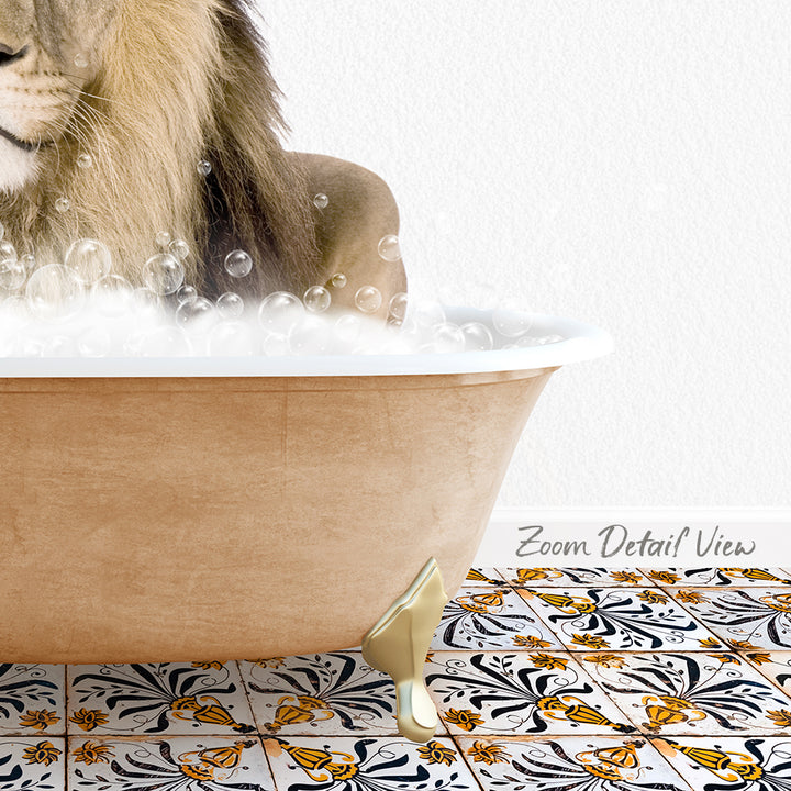 A lion is sitting in a bathtub filled with bubbles, surrounded by a patterned tile floor.