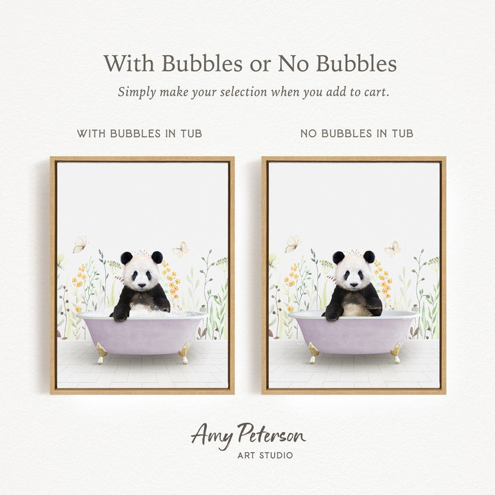 The image is a collage of two framed pictures, each depicting a panda bear sitting in a bathtub. The panda bear in the bathtub has bubbles, while the panda bear in the tub without bubbles. The text above the images reads "With Bubbles or No Bubbles Simply make your selection when you add to cart."