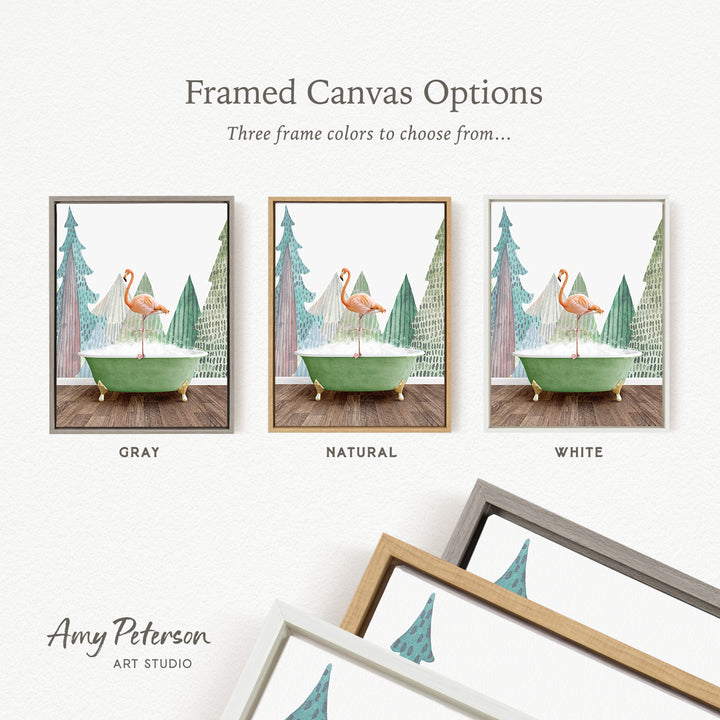 The image is a framed canvas option showcasing three different frame colors: gray, natural, and white. The canvas features a pink flamingo standing in a bathtub surrounded by trees.