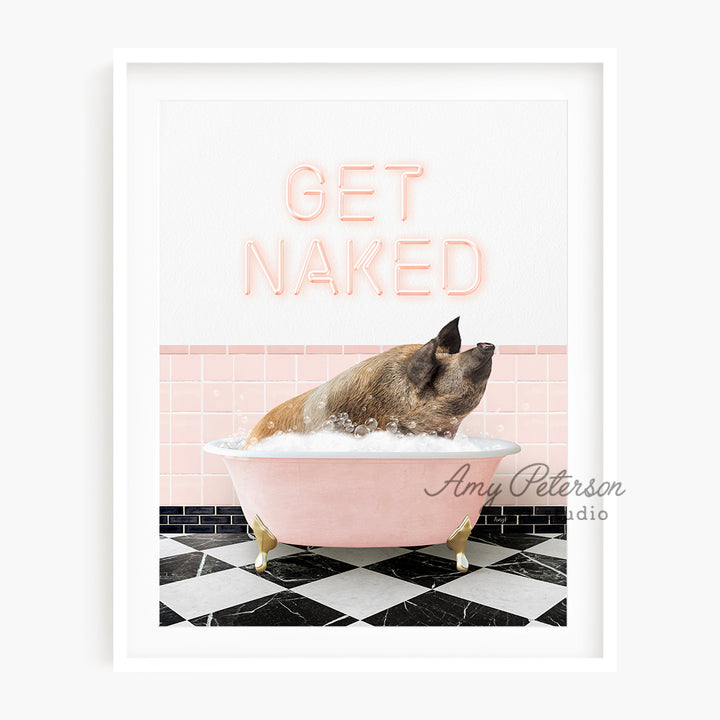 a dog taking a bath in a pink bathtub