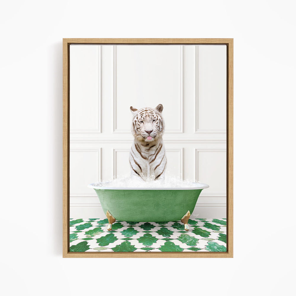 A white tiger sitting in a green bathtub filled with water, surrounded by a green and white patterned floor.