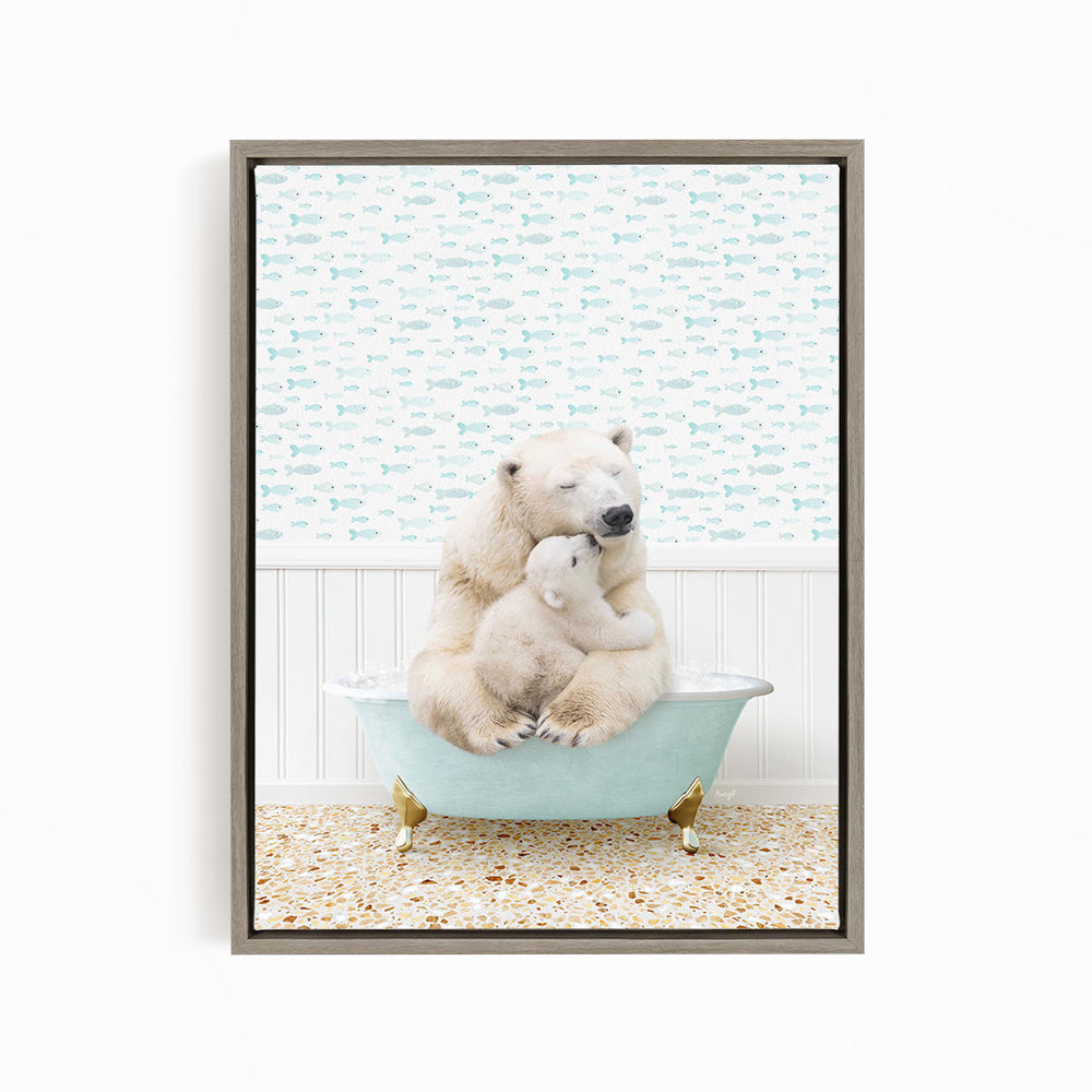 A polar bear cub sitting in a bathtub, with its mother sitting next to it, against a background of fish.