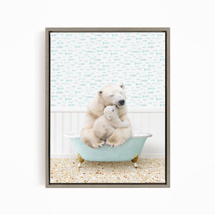 A polar bear cub sitting in a bathtub, with its mother sitting next to it, against a background of fish.