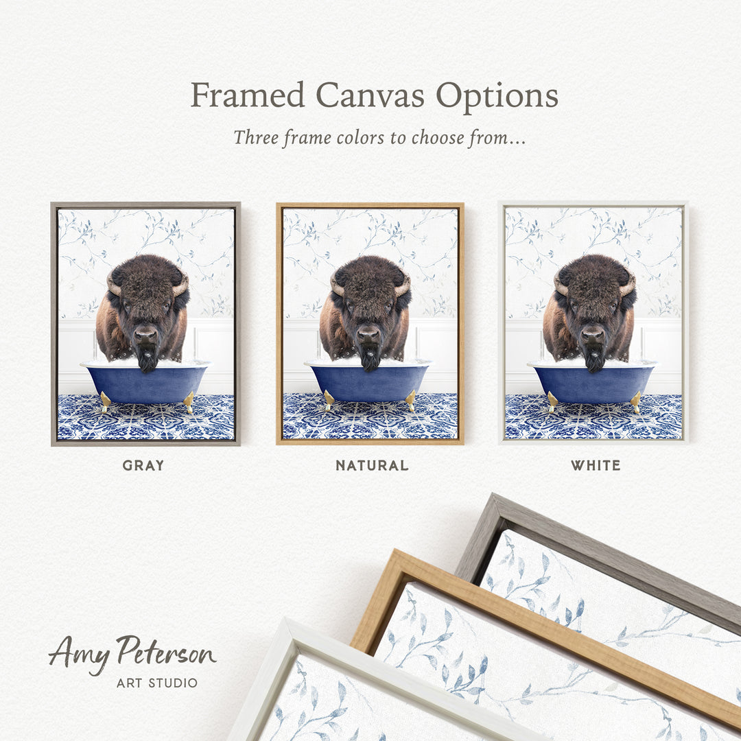 three framed canvas options, each featuring a different color: gray, natural, and white. The text above the images reads " Framed Canvas Options" and "Three frame colors to choose from...". The bottom of the image includes the text " Amy Peterson ART STUDIO".