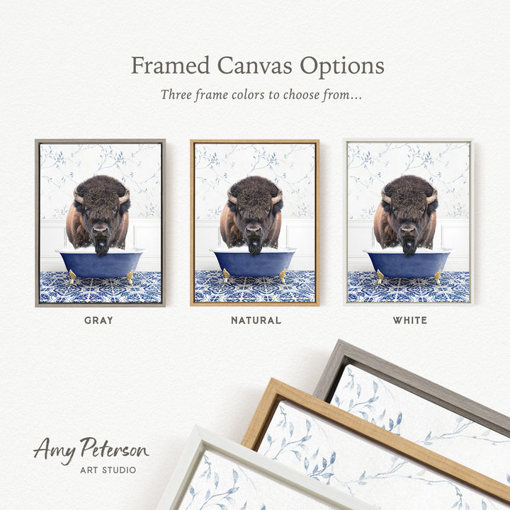 three framed canvas options, each featuring a different color: gray, natural, and white. The text above the images reads " Framed Canvas Options" and "Three frame colors to choose from...". The bottom of the image includes the text " Amy Peterson ART STUDIO".
