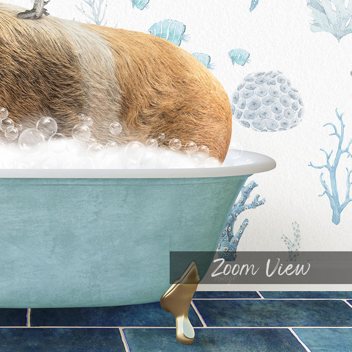 A dog is sitting in a bathtub filled with bubbles, surrounded by a blue and white underwater scene with fish and coral.