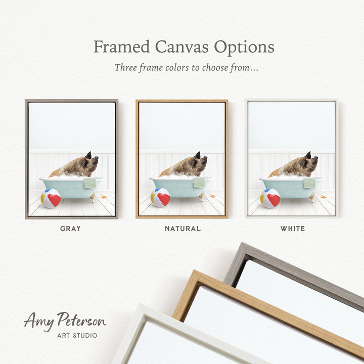 three framed canvas options, each featuring a different color: gray, natural, and white. The text above the images reads " Framed Canvas Options" and "Three frame colors to choose from...". The bottom of the image includes the text " Amy Peterson ART STUDIO".