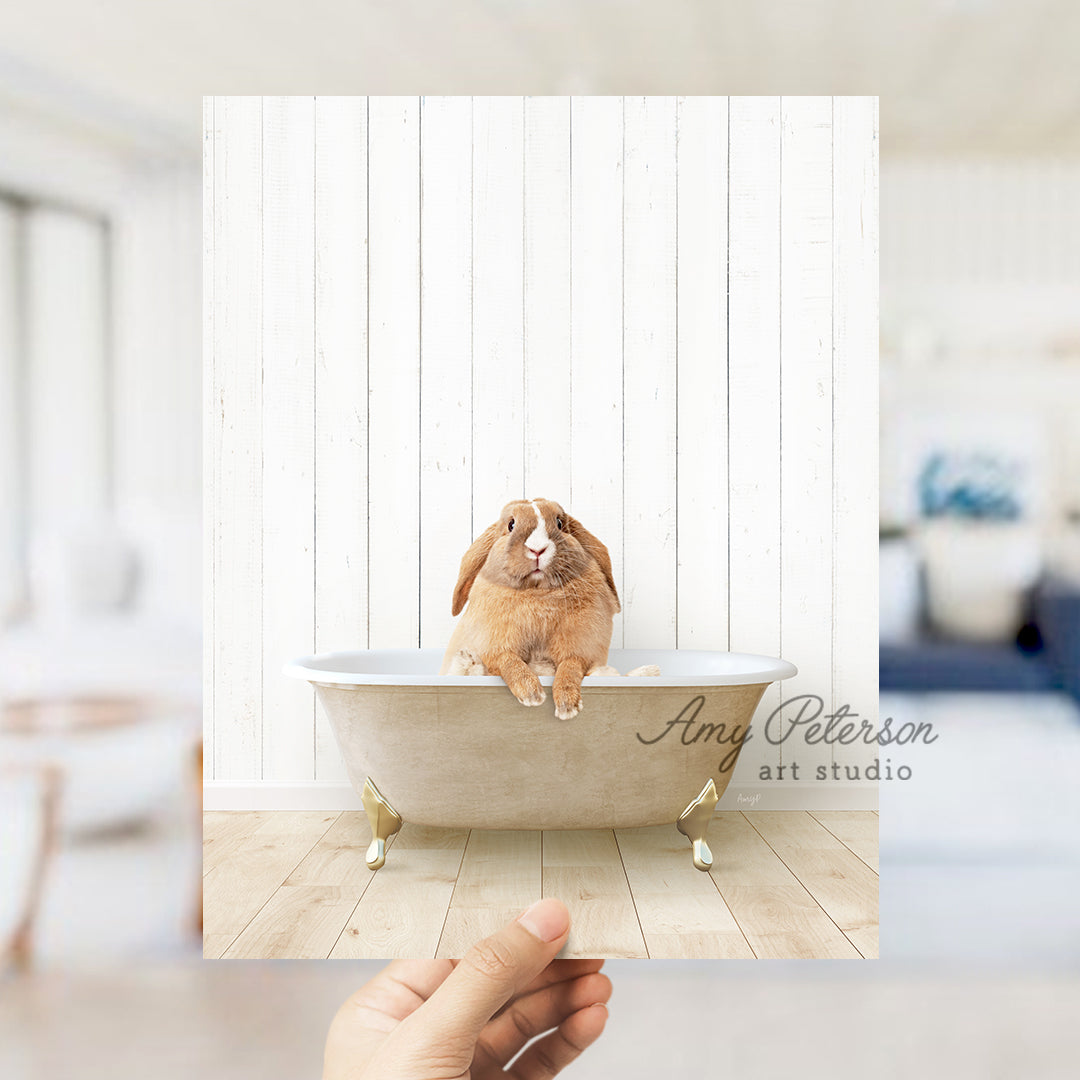 a rabbit sitting in a bathtub in a room