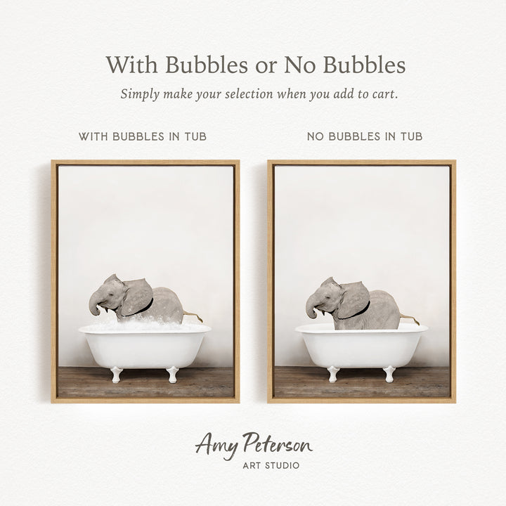 The image is a collage of two pictures, each featuring a gray elephant sitting in a white bathtub. The text above the images reads "With Bubbles or No Bubbles" and below the images, it says "Simply make your selection when you add to cart."