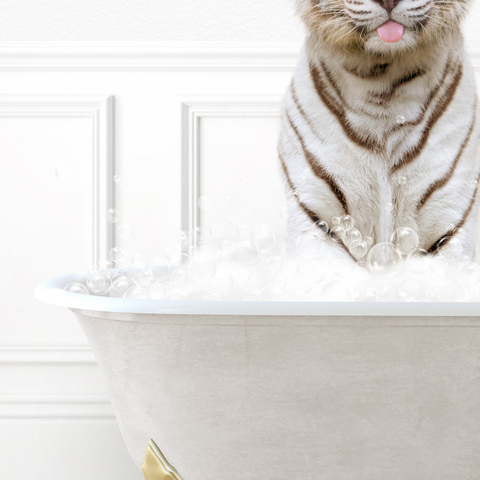 a white tiger sitting in a bathtub with bubbles