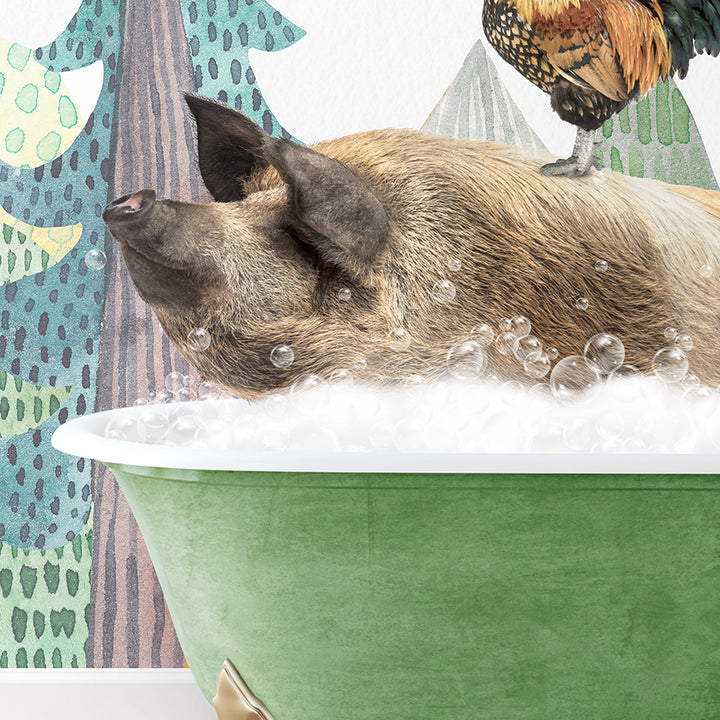 a pig taking a bath in a green bowl