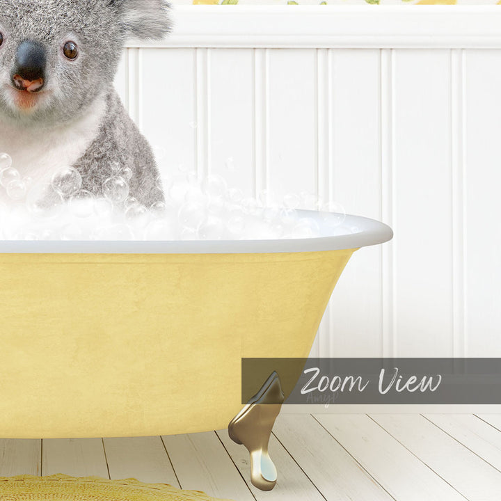 A koala bear sitting in a yellow bathtub filled with bubbles, with a "Zoom View" label below the image.