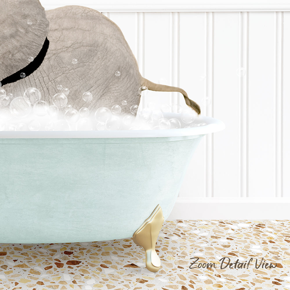 A light blue bathtub filled with bubbles, with a small elephant-like creature sitting inside and enjoying a bath.