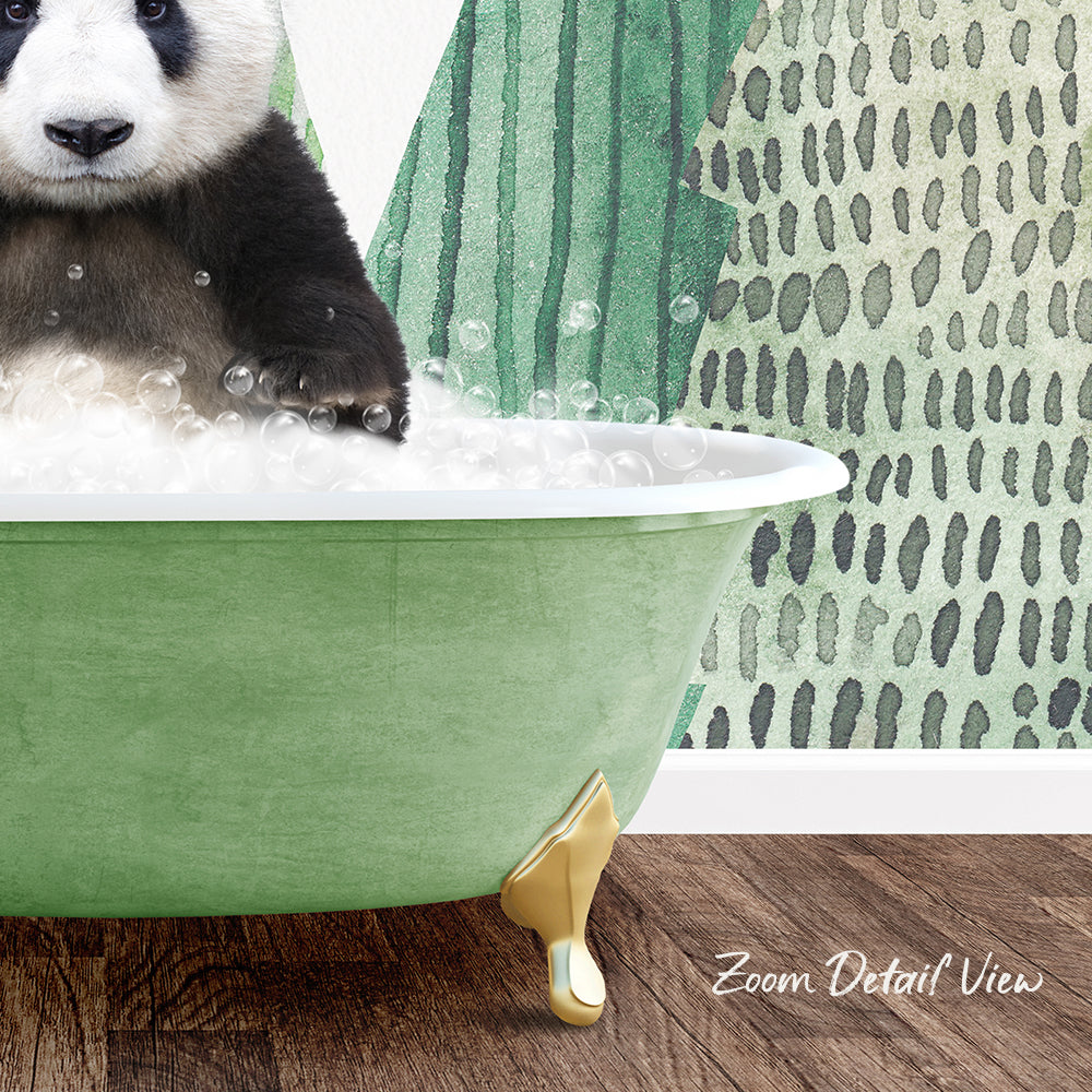 A panda bear sitting in a green bathtub filled with bubbles, with a patterned wall in the background.